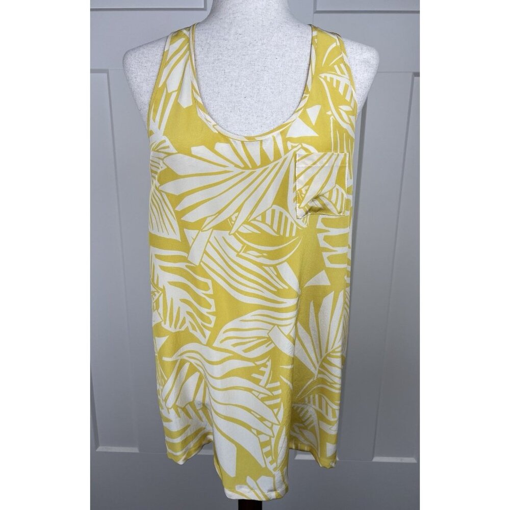 Karen Kane 100% Silk Tank Top M Yellow White Palm Print Sleeveless Blouse USA